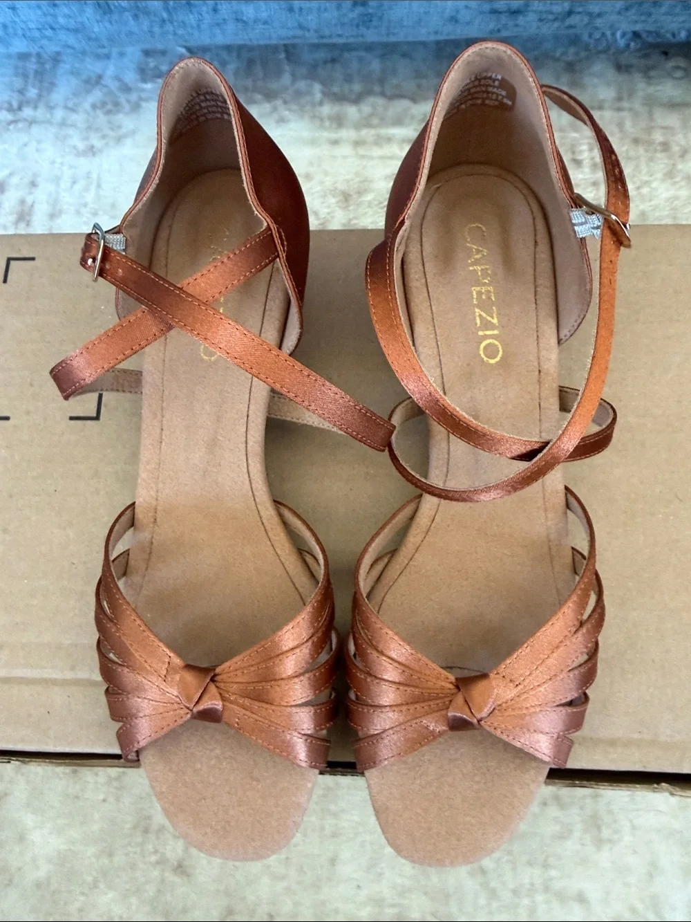 Capezio Satin Bronze Strappy Latin Ballroom Heels with Ankle Wrap